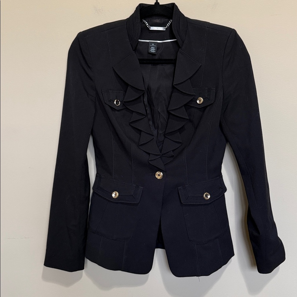 White House Black Market Black Blazer with Ruffle Detail